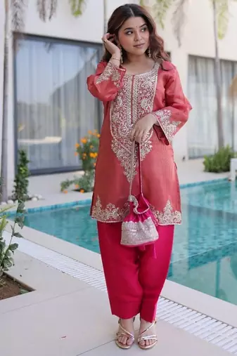 womens wear peach,pink color viscose fabric with sequins & coding zari embroidered work  kurta pant set