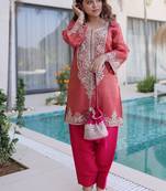 womens wear peach,pink color viscose fabric with sequins & coding zari embroidered work  kurta pant set