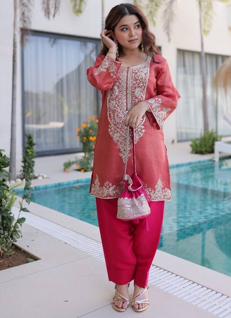 womens wear peach,pink color viscose fabric with sequins & coding zari embroidered work  kurta pant set