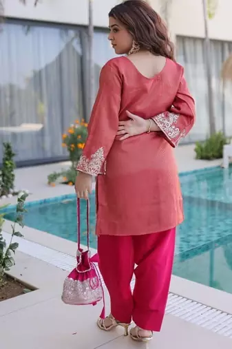 womens wear peach,pink color viscose fabric with sequins & coding zari embroidered work  kurta pant set
