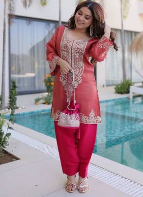 womens wear peach,pink color viscose fabric with sequins & coding zari embroidered work kurta pant set 4