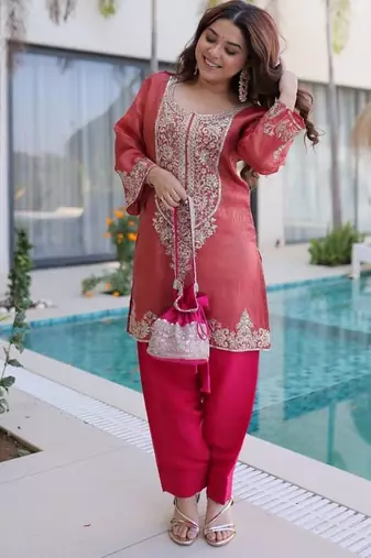 womens wear peach,pink color viscose fabric with sequins & coding zari embroidered work  kurta pant set