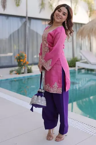 womens wear purple,pink color viscose fabric with sequins & coding zari embroidered work  kurta pant set
