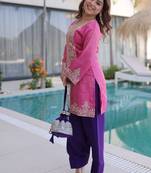 womens wear purple,pink color viscose fabric with sequins & coding zari embroidered work  kurta pant set