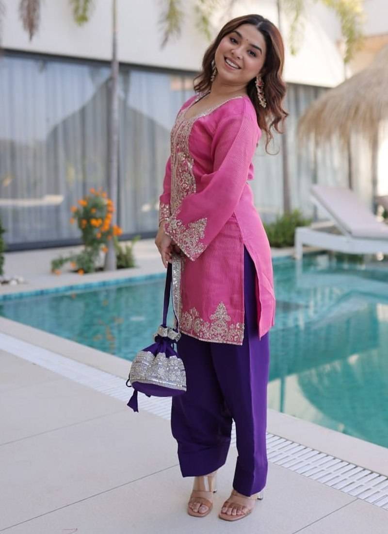 womens wear purple,pink color viscose fabric with sequins & coding zari embroidered work  kurta pant set