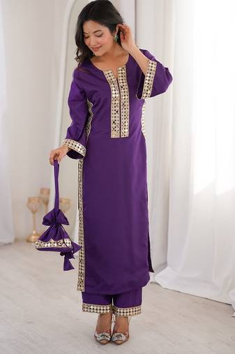 womens new trending purple color natural crepe with real mirror lace work kurta set