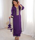 womens trending purple color natural crepe with real mirror lace work kurta set