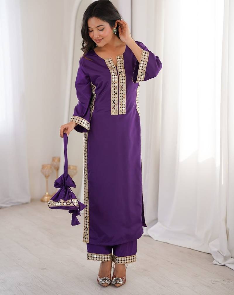 womens new trending purple color natural crepe with real mirror lace work kurta set