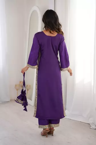 womens new trending purple color natural crepe with real mirror lace work kurta set