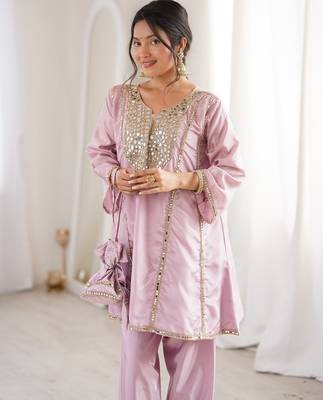 Womens wedding wear pink color with mirror & lace work kurta pant set 2
