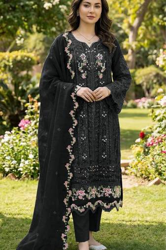 Black chiffon semi stitched suit with embroidery & crystal khatli work