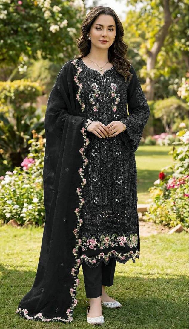 Black chiffon semi stitched suit with embroidery & crystal khatli work