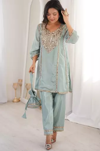 Womens new wedding wear sky color with mirror & lace work kurta pant set
