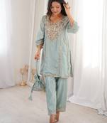 Womens new wedding wear sky color with mirror & lace work kurta pant set