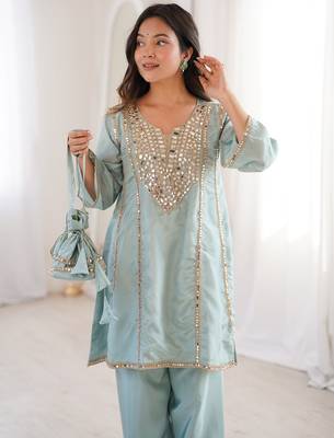 Womens new wedding wear sky color with mirror & lace work kurta pant set 2