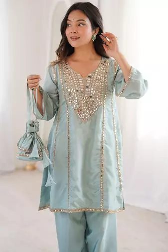 Womens new wedding wear sky color with mirror & lace work kurta pant set