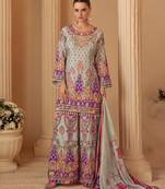 Blue crep silk free size stitched suit with digitak print & aari 