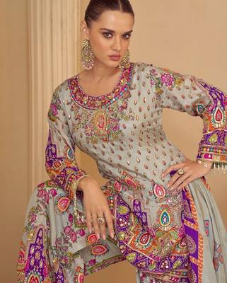 Blue crep silk free size stitched suit with digitak print & aari  2
