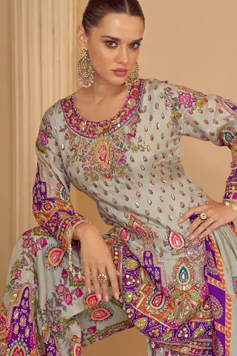 Blue crep silk free size stitched suit with digitak print & aari 