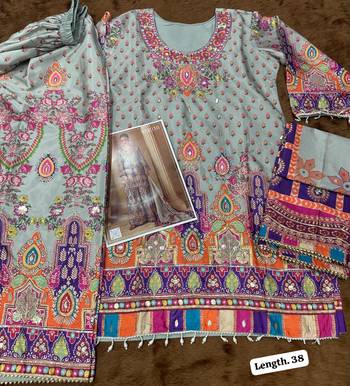 Blue crep silk free size stitched suit with digitak print & aari  3