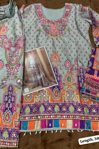 Blue crep silk free size stitched suit with digitak print & aari 
