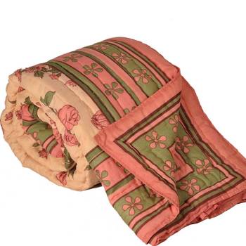 Pink FloralPrint Jaipuri Coton Double BedQuilt 1