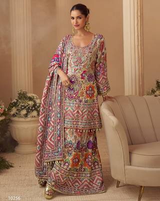 Multicolor crep silk free size stitched suit with digitak print & aari  1