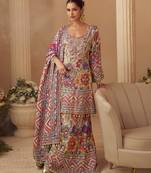 Multicolor crep silk free size stitched suit with digitak print & aari work