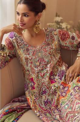 Multicolor crep silk free size stitched suit with digitak print & aari  2