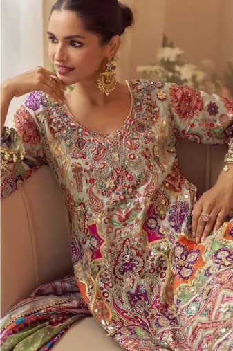 Multicolor crep silk free size stitched suit with digitak print & aari 