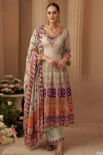 Beige crep silk free size stitched suit with digitak print & aari work