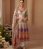 Beige crep silk free size stitched suit with digitak print & aari work