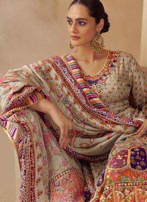 Beige crep silk free size stitched suit with digitak print & aari  2