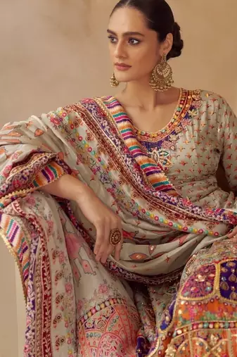Beige crep silk free size stitched suit with digitak print & aari 
