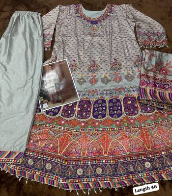Beige crep silk free size stitched suit with digitak print & aari  3
