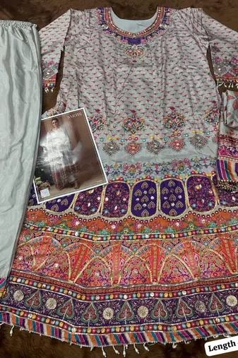 Beige crep silk free size stitched suit with digitak print & aari 