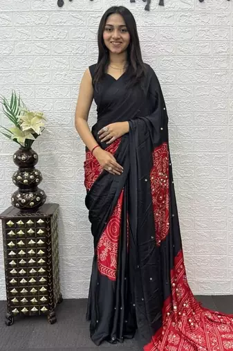 Black Color Heavy Mirror Work Satin Silk Saree
