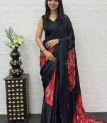 Black Color Heavy Mirror Work Satin Silk Saree