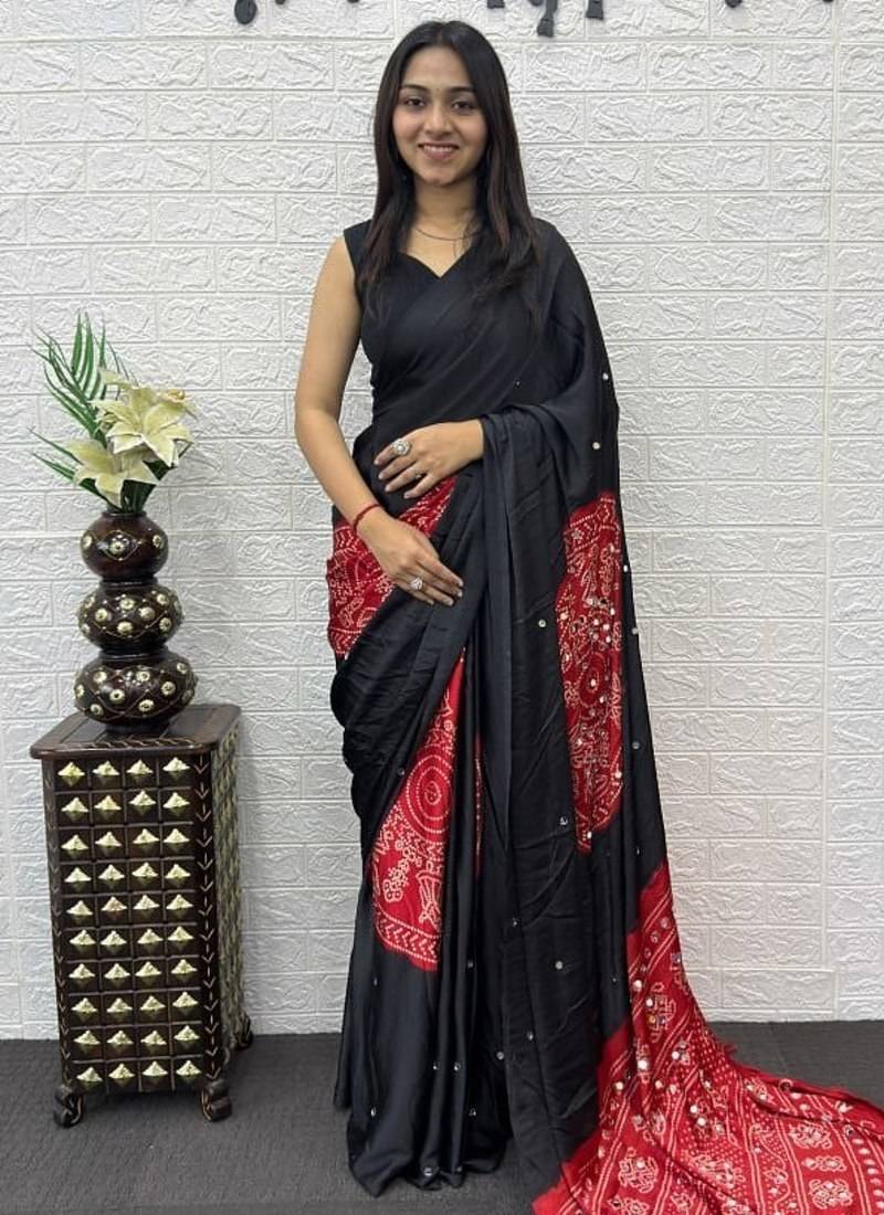 Black Color Heavy Mirror Work Satin Silk Saree