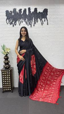 Black Color Heavy Mirror Work Satin art silk saree 2