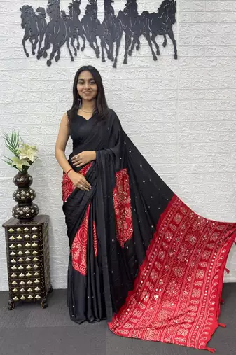 Black Color Heavy Mirror Work Satin art silk saree