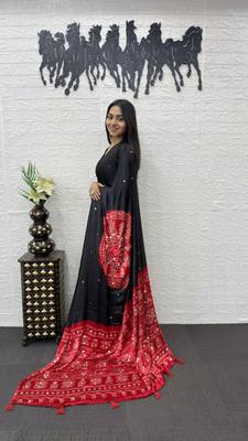 Black Color Heavy Mirror Work Satin art silk saree 3