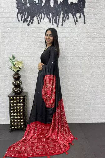 Black Color Heavy Mirror Work Satin art silk saree