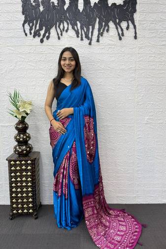 Blue Color Heavy Mirror Work Satin Silk Saree