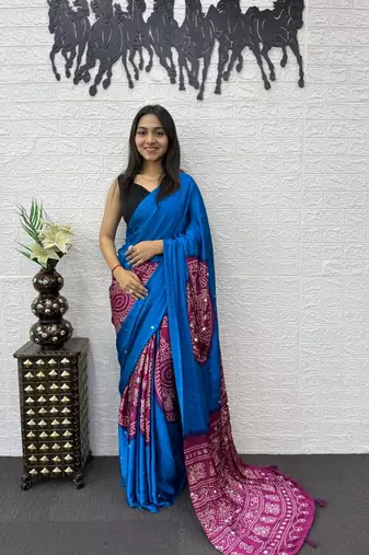 Blue Color Heavy Mirror Work Satin Silk Saree