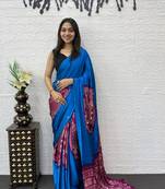 Blue Color Heavy Mirror Work Satin Silk Saree