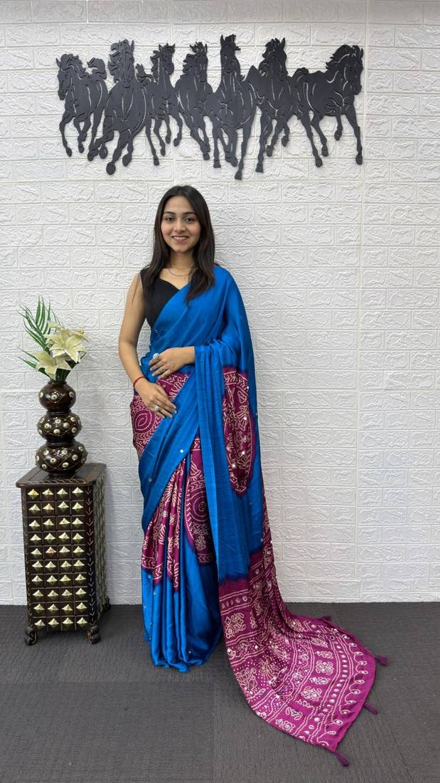 Blue Color Heavy Mirror Work Satin Silk Saree