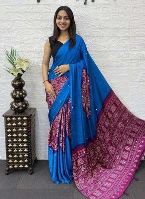 Blue Color Heavy Mirror Work Satin art silk saree 2