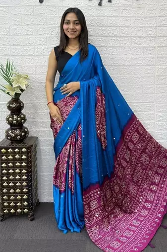 Blue Color Heavy Mirror Work Satin art silk saree