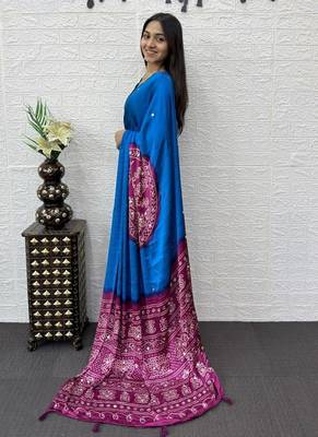 Blue Color Heavy Mirror Work Satin art silk saree 3